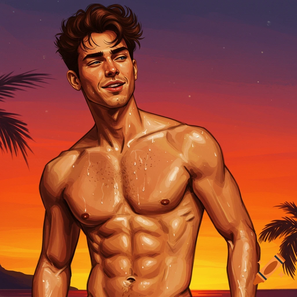 An illustrative depiction of a smiling shirtless man with a muscular physique, standing in front of a vibrant tropical sunset with palm trees.