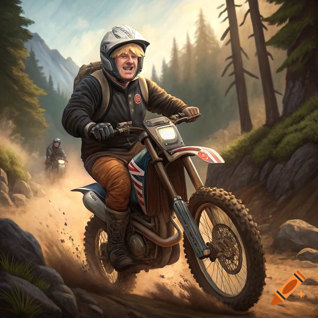 A stylized image of Boris Johnson wearing a helmet and backpack, riding a dirt bike on a dusty mountain trail with trees and mountains in the background.