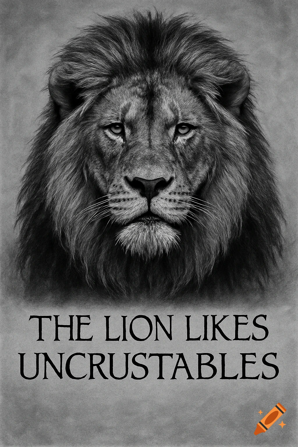 Black and white drawing of a lion's head, with the text 'THE LION LIKES UNCRUSTABLES' below.
