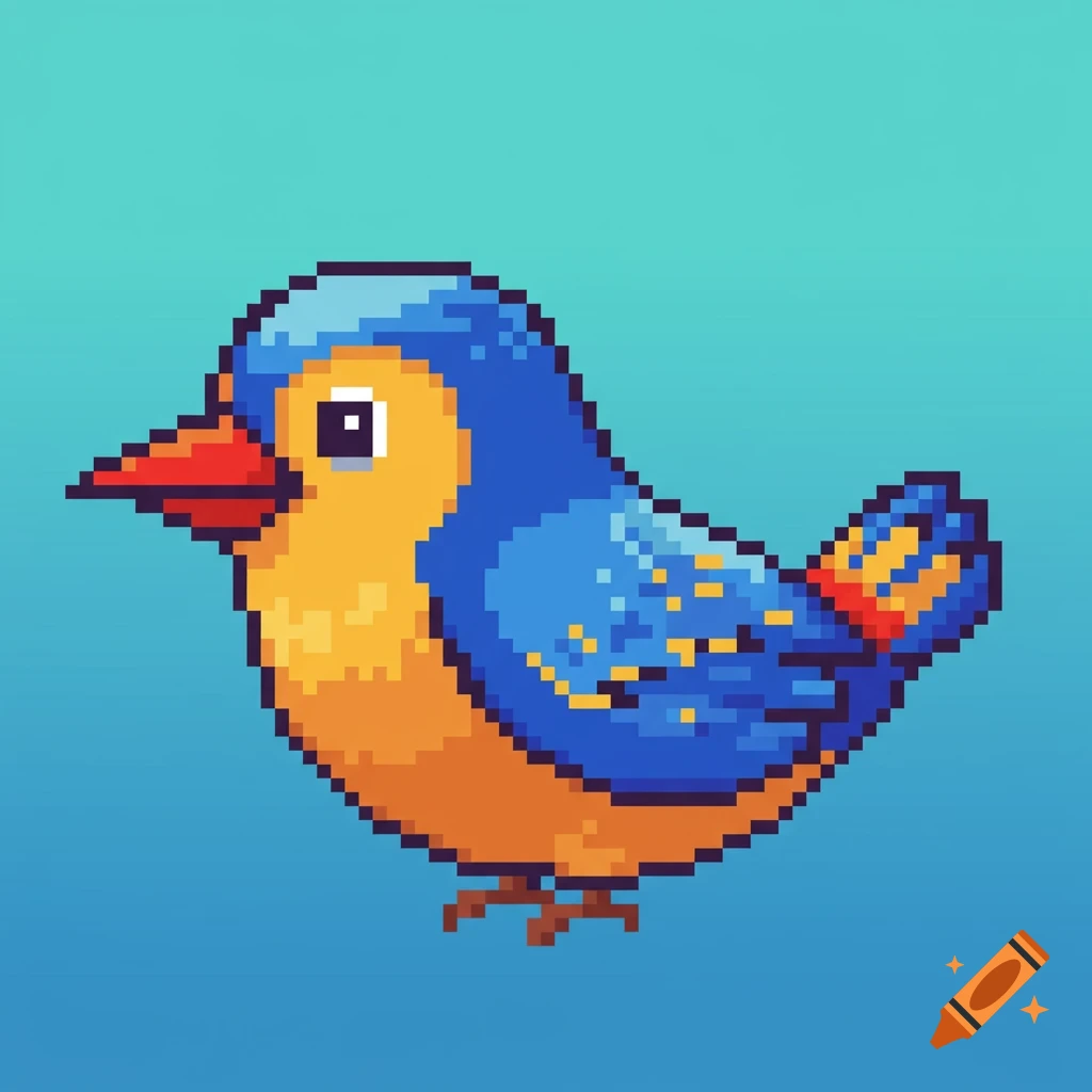 A cute blue and orange pixel art bird with a red beak, standing against a blue background.