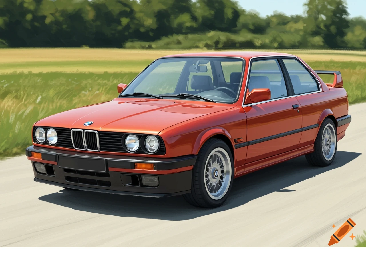 A red BMW E30 325e with an M3 evo spoiler parked on a road next to green fields and trees, in a semi-realistic style.
