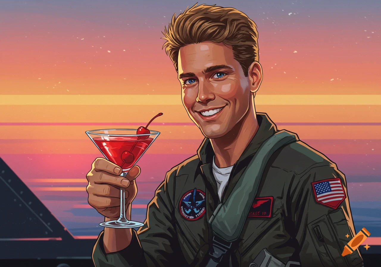 Cartoon man resembling Goose from Top Gun in a flight suit, smiling and holding a cherry martini against a sunset background.