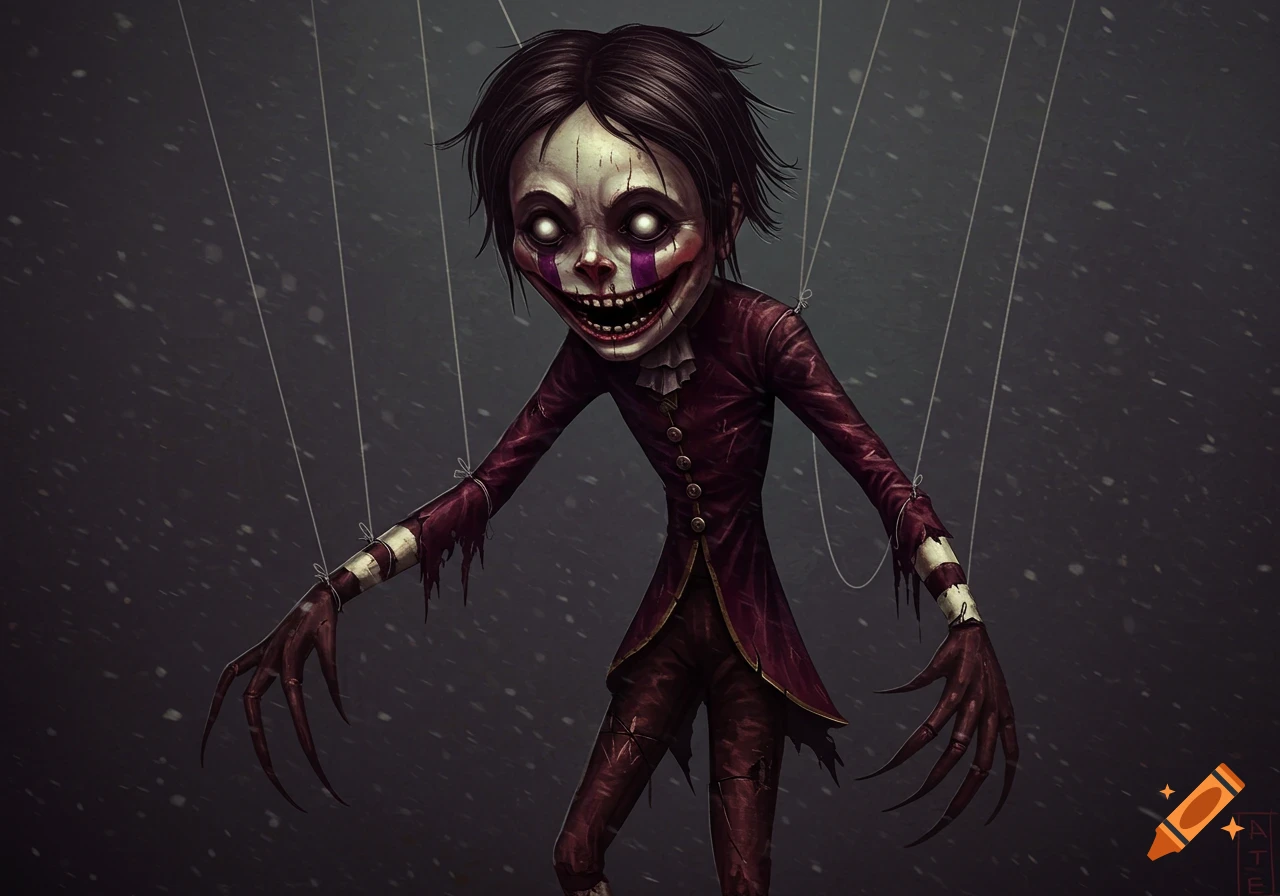 A creepy marionette puppet with glowing eyes, pale face, wide grin, and clawed hands, wearing tattered burgundy clothes.