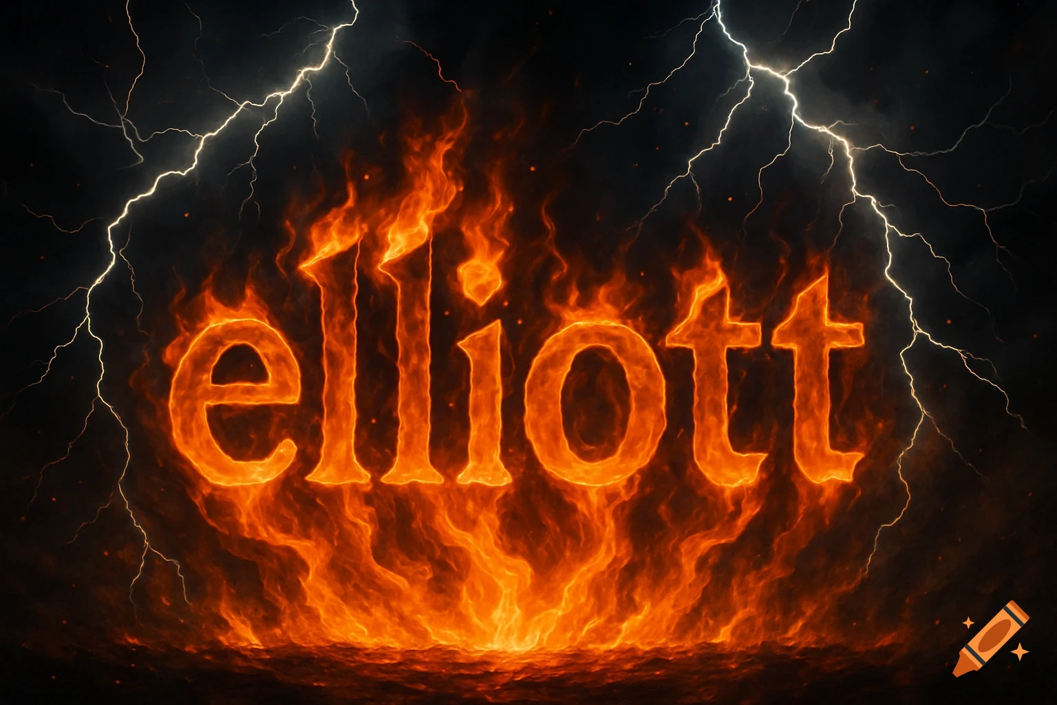 The name 'elliott' rendered in bright orange flames with white lightning bolts striking from above against a dark background.