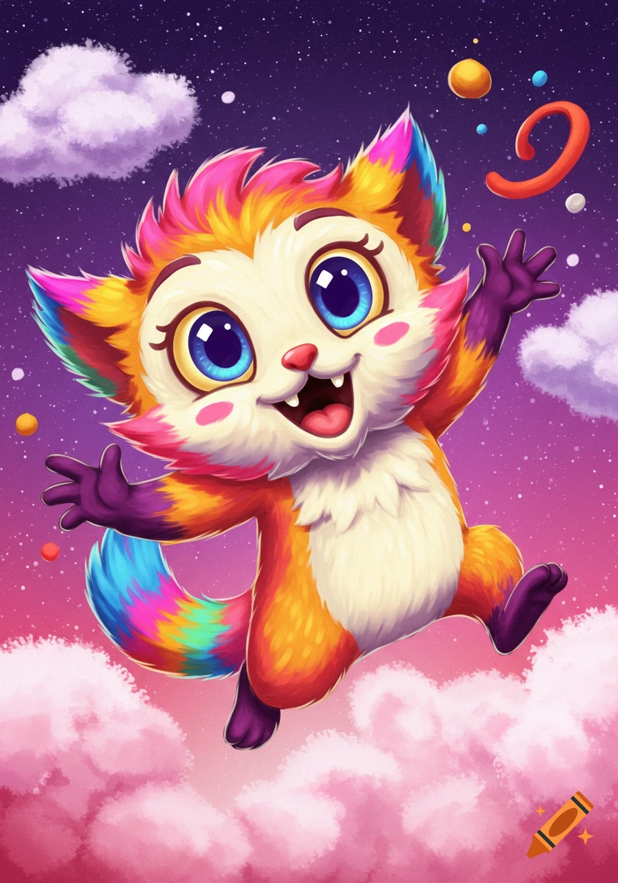 A brightly colored, happy, cartoon fox-like creature with big blue eyes jumps in a pink and purple starry sky with clouds.