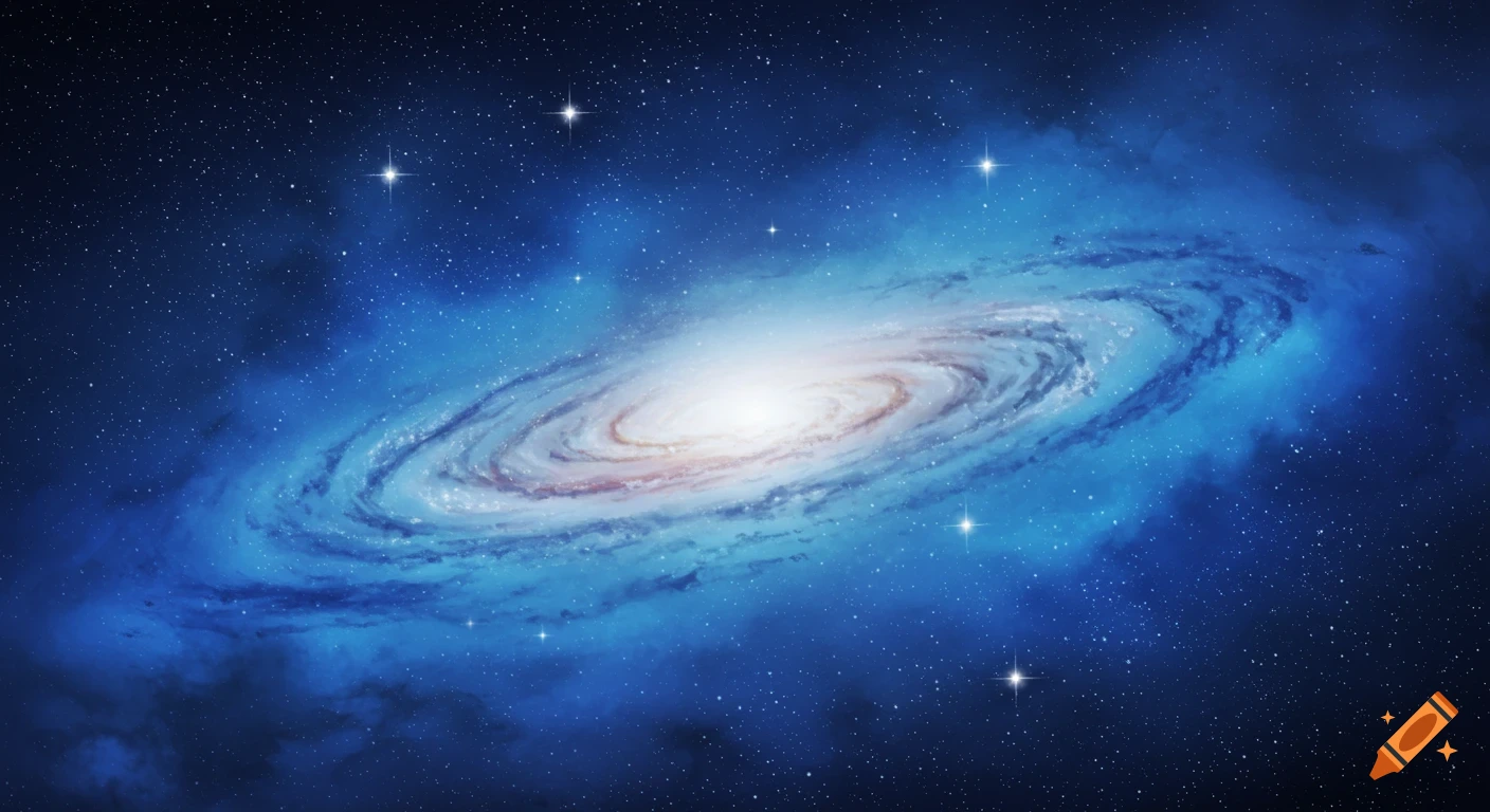 A vibrant blue spiral galaxy with a bright core against a dark, star-filled cosmic background.