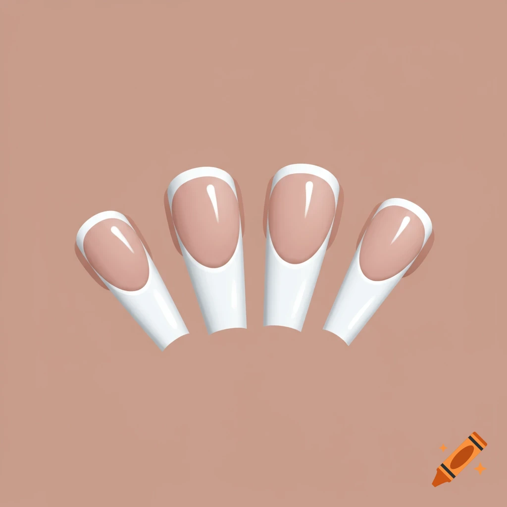 Four white French tip nails against a plain beige background.
