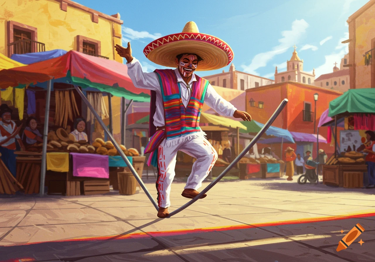 A man in a large sombrero and colorful traditional Mexican clothing balances on a rope in a vibrant market street.