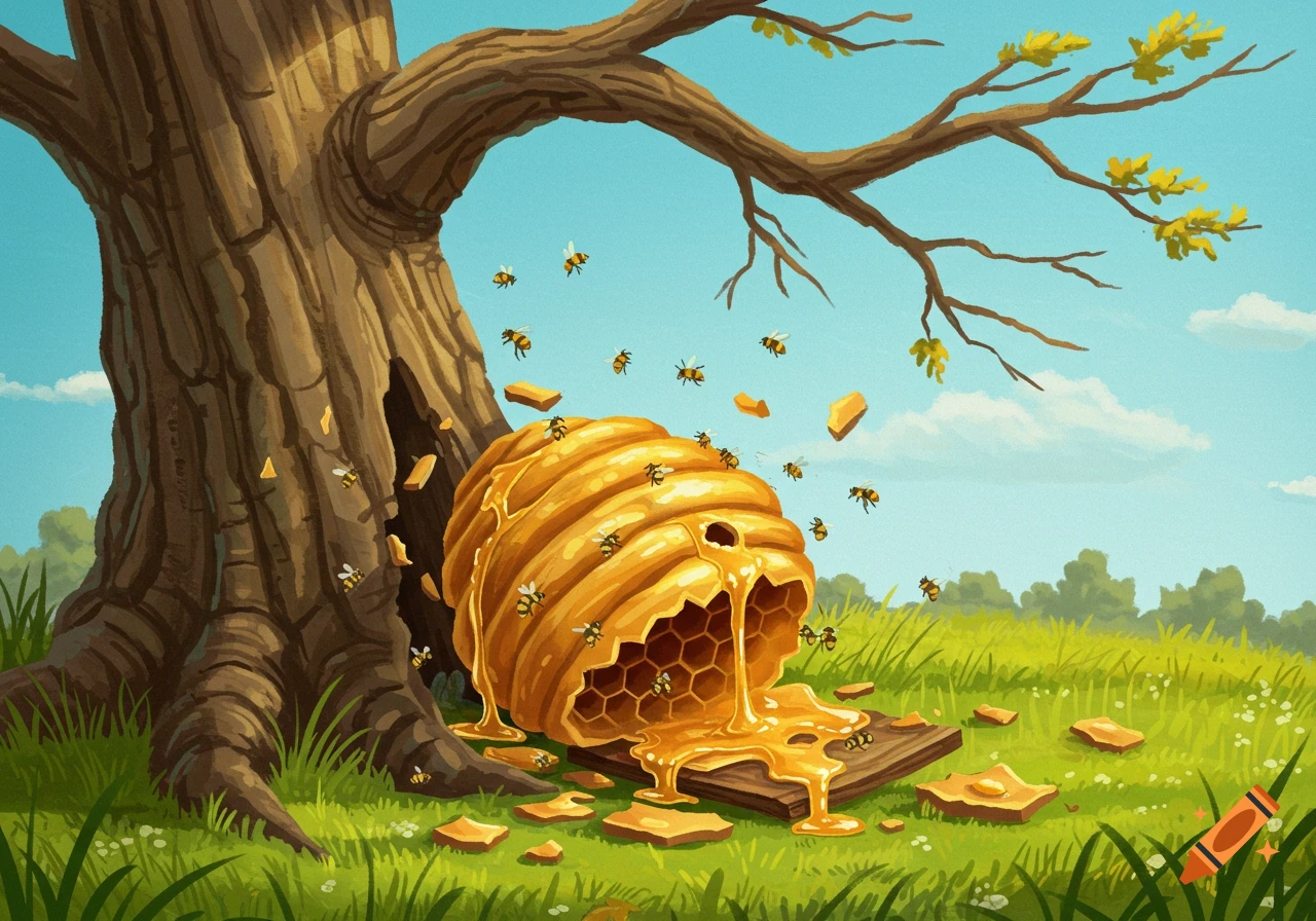 Illustrated scene of a beehive fallen from a tree, spilling honey onto the  grassy ground with bees flying around. on Craiyon, image size:1280x896