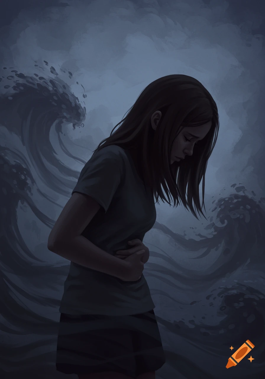 An illustration of a distressed teenage girl holding her stomach, with shadowy waves in the dark background, conveying pain or struggle.