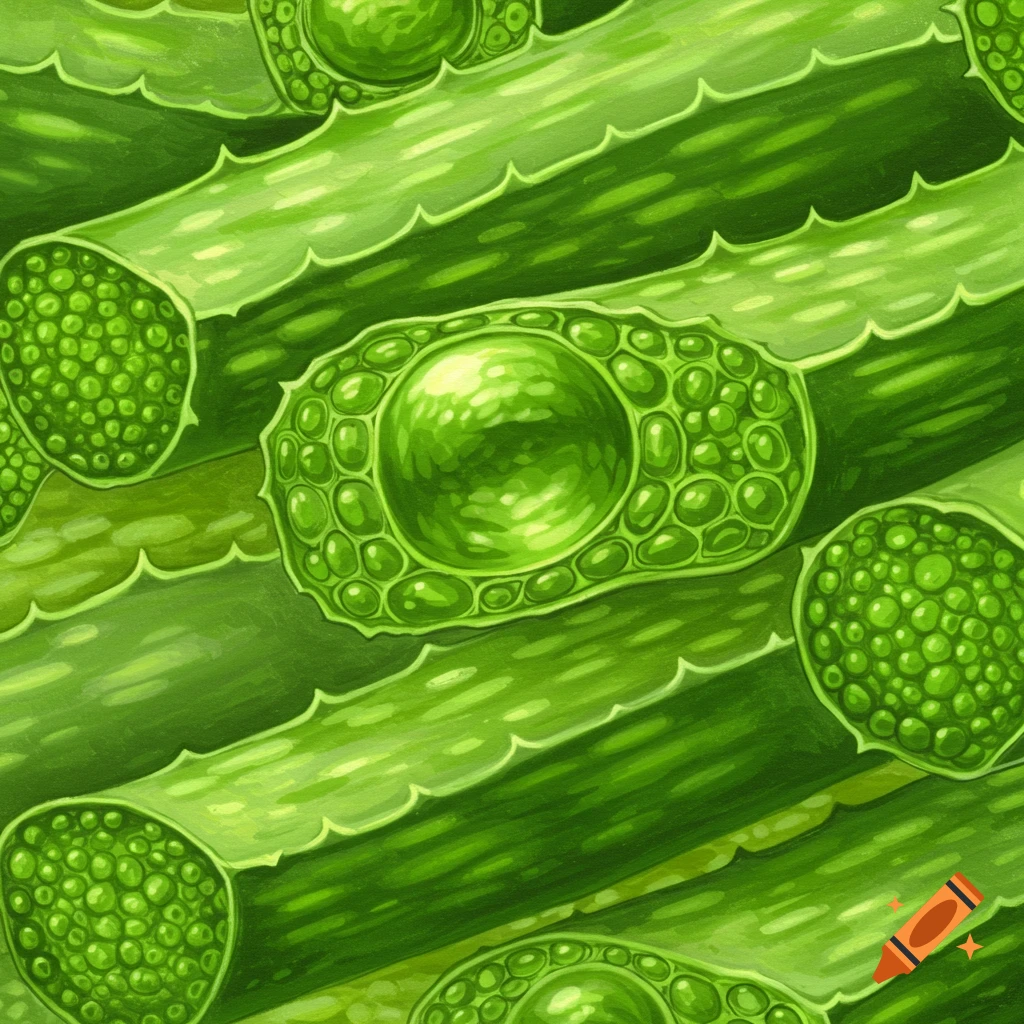 Close-up, painted texture of green aloe plant leaves and cross-sections with visible gel.