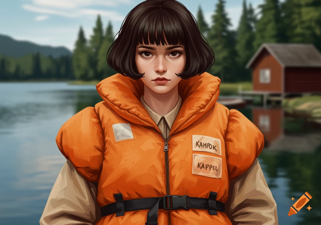 An illustrated portrait of a short-haired girl in an orange life jacket standing by a lake with cottages in the background.