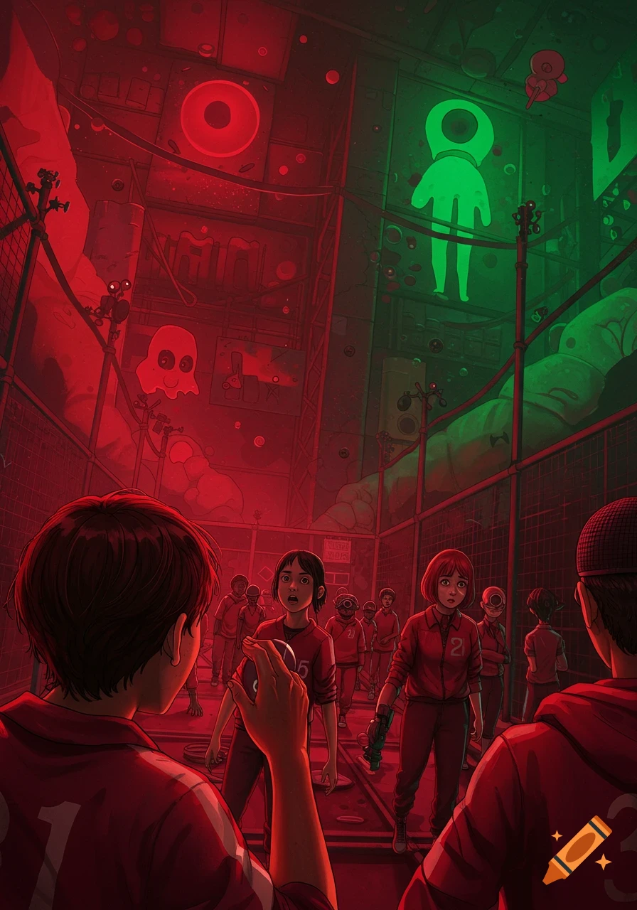 An illustration of people in red tracksuits looking up in a room with red and green lighting, featuring large abstract symbols and a cartoon ghost.