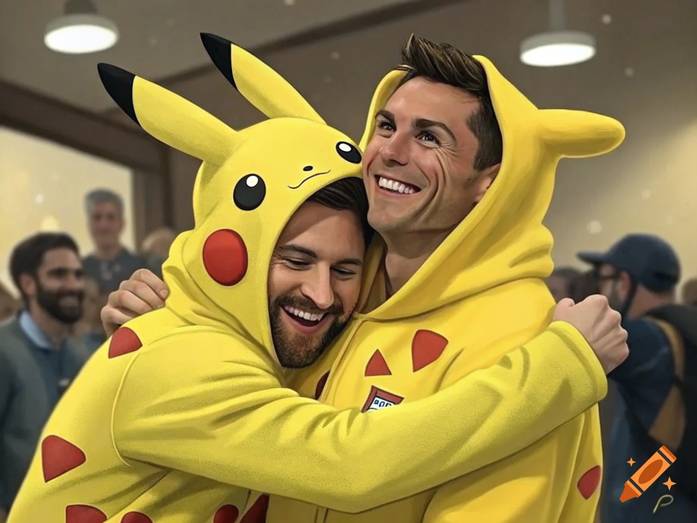 Photorealistic image of two men, resembling Cristiano Ronaldo and Lionel Messi, happily hugging while wearing bright yellow Pikachu hoodies.