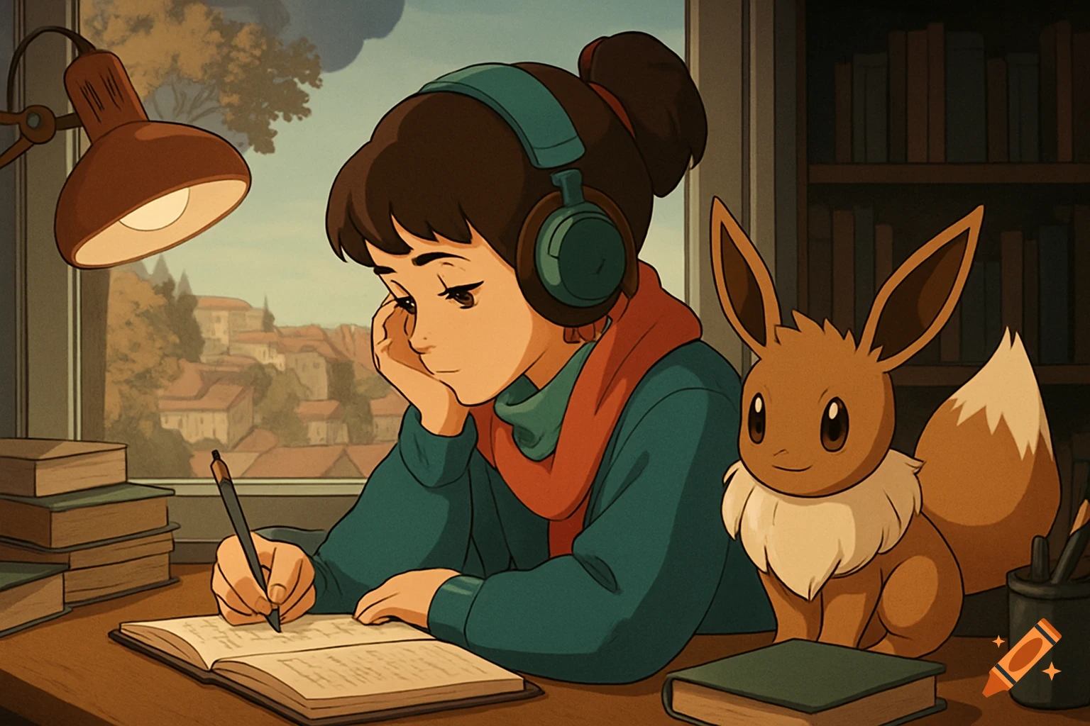 An anime girl with headphones studying at a desk with an open book, next to an Eevee, with a city view outside the window.