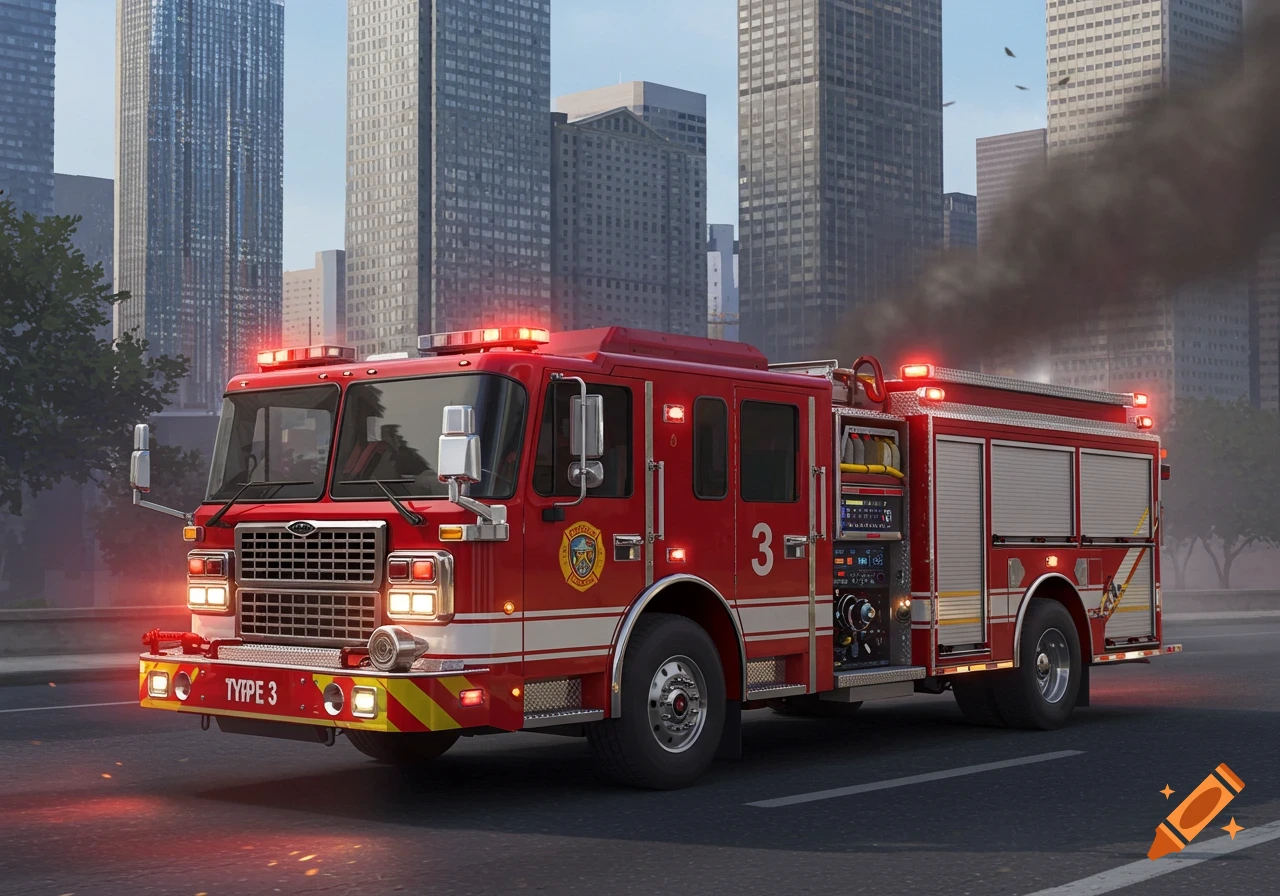 A photorealistic red fire truck with flashing lights drives down a city street, with tall buildings in the background and a plume of smoke.
