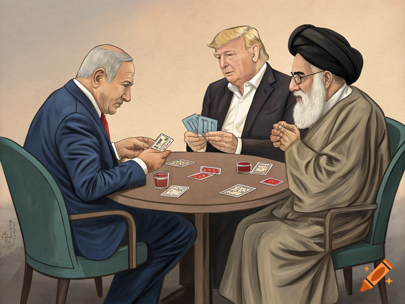 An illustration of Benjamin Netanyahu, Donald Trump, and Ali Khamenei sitting around a table playing cards.