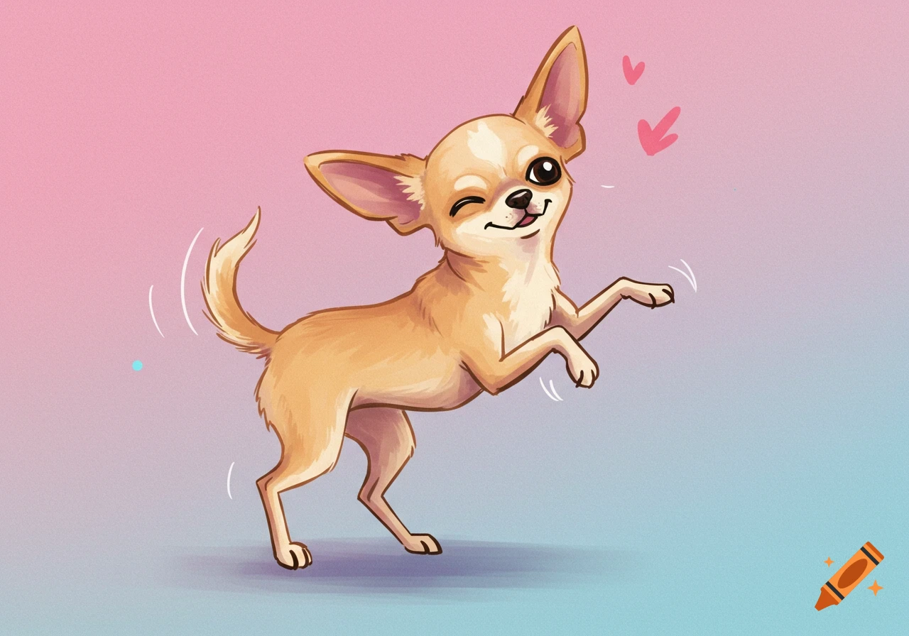 A cute, winking cartoon chihuahua with a raised paw and wagging tail against a pink and blue background.