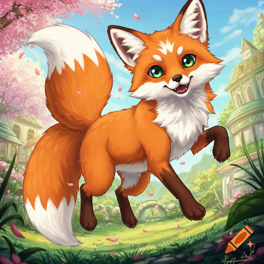 A happy, cartoon fox with green eyes jumps in a vibrant meadow with pink cherry blossoms and buildings in the background, anime style.