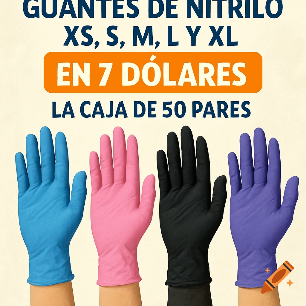Four hands wearing blue, pink, black, and purple nitrile gloves. Text for nitrile glove advertisement.
