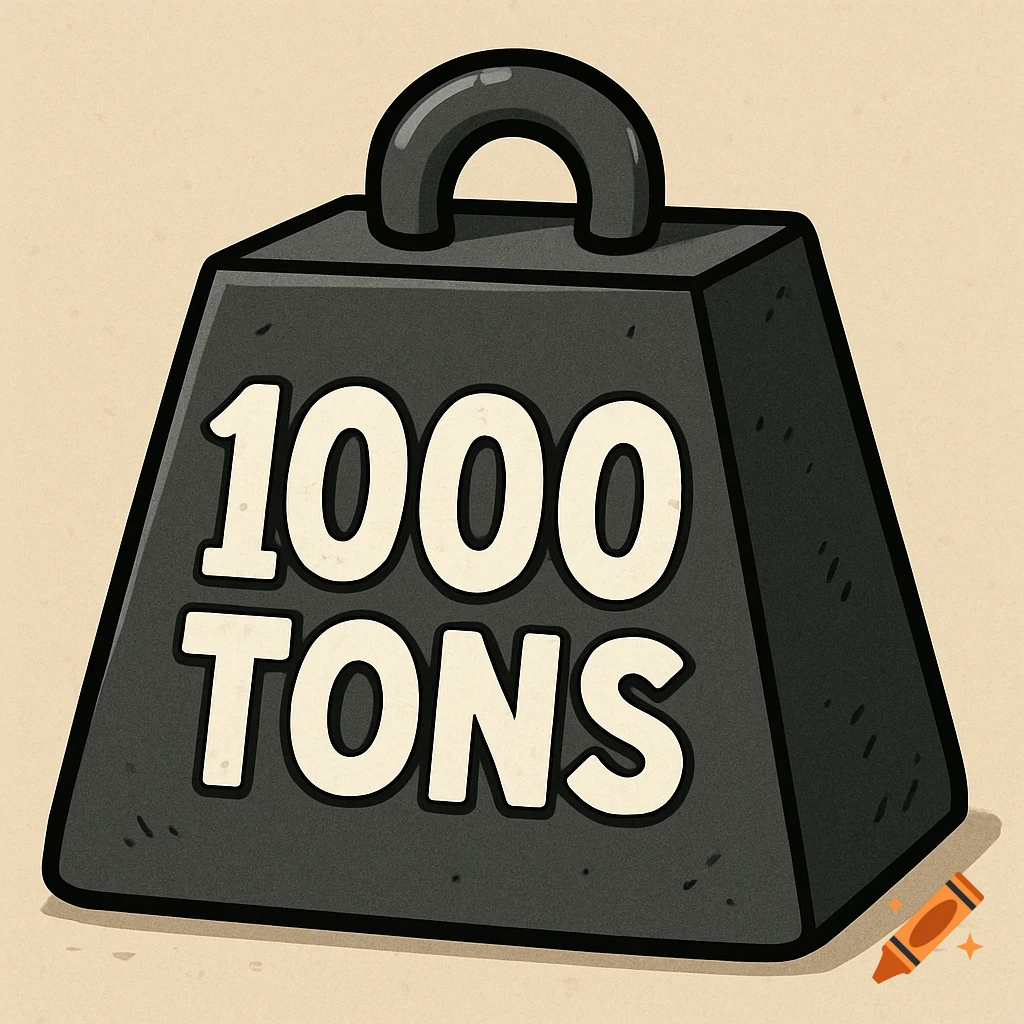 A dark gray cartoon weight with a handle, labeled '1000 TONS' in white text, on a light beige background.