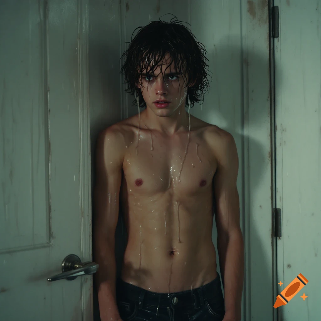 A photorealistic image of a young man with wet hair and shirtless, leaning against a door with water dripping from his body.
