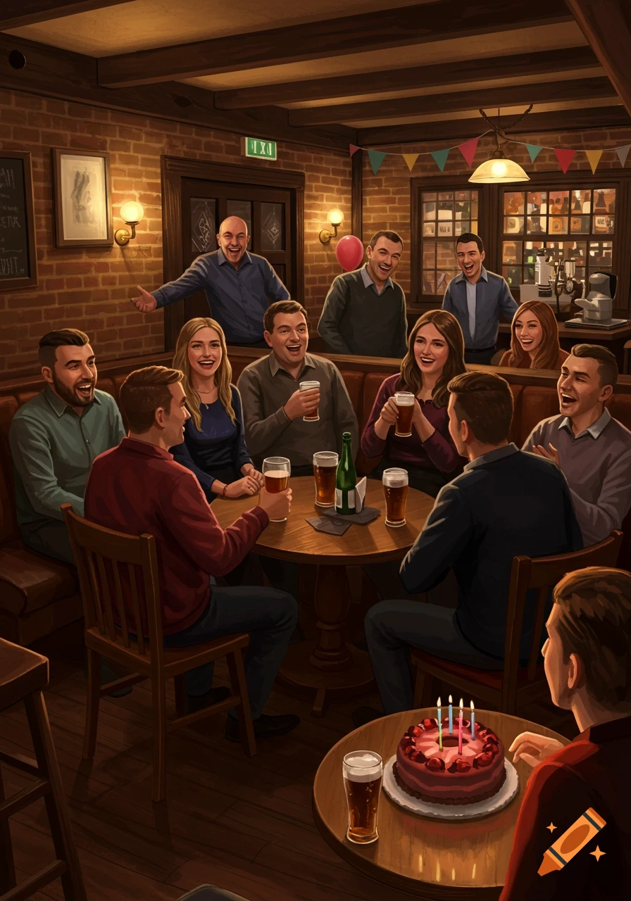 A group of friends laughing and drinking beer at a pub, with a birthday cake on a table in the foreground, celebrating.