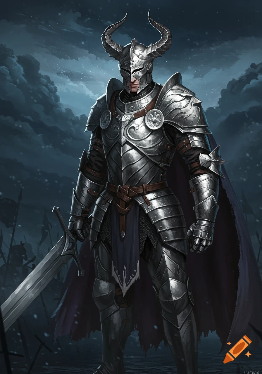 A detailed illustration of a silver knight in horned armor holding a sword, standing in a snowy landscape under a cloudy sky.