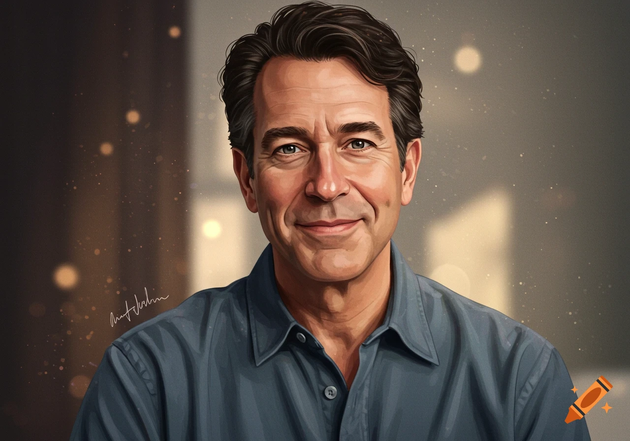 Digital art portrait of a smiling man with dark hair in a blue collared shirt.