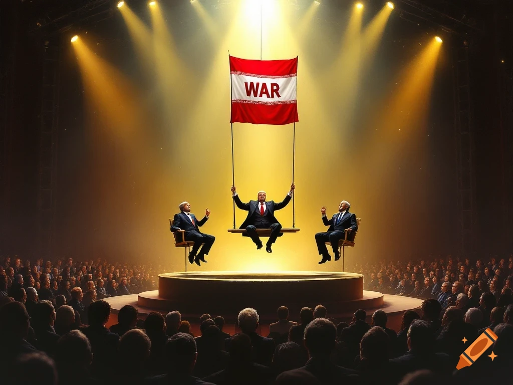 Three leaders on swings over a stage, holding a 'WAR' flag, in front of a large audience under spotlights.