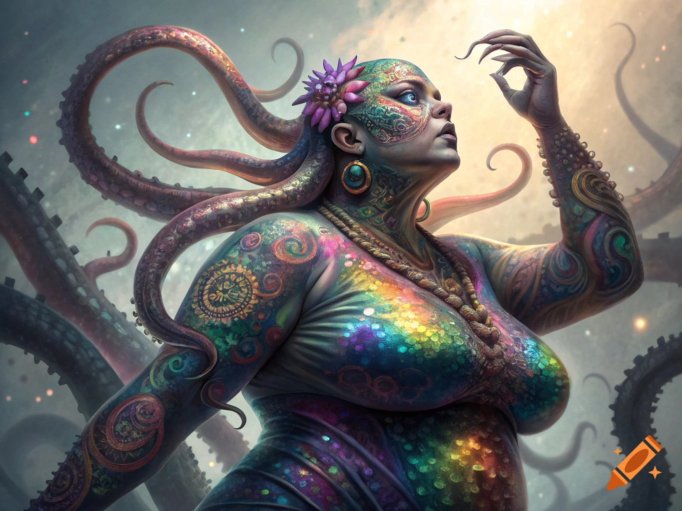A vibrant, multi-colored alien woman with intricate tattoos and flowing tentacles instead of hair looks upward, holding a delicate object in her hand.