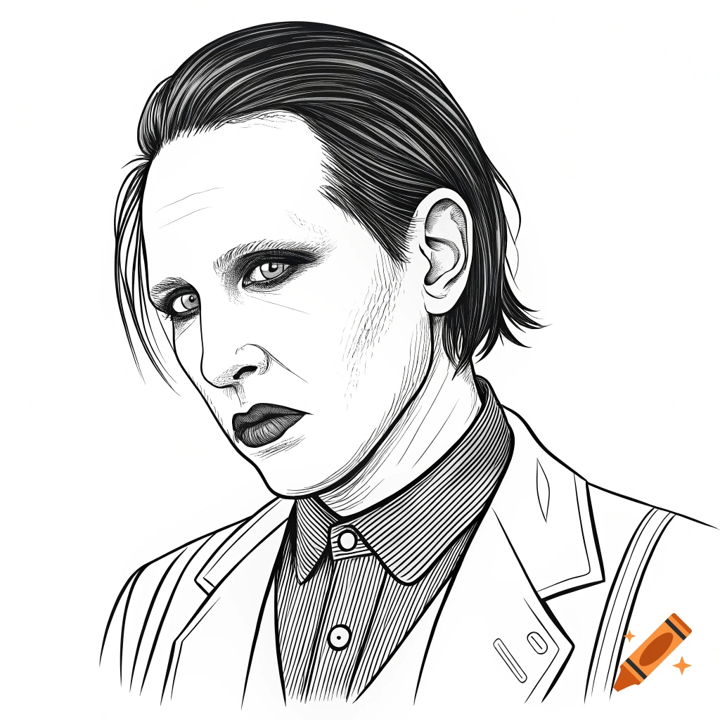 Black and white line art portrait of Marilyn Manson with dark hair, eyes, and lips, wearing a suit.