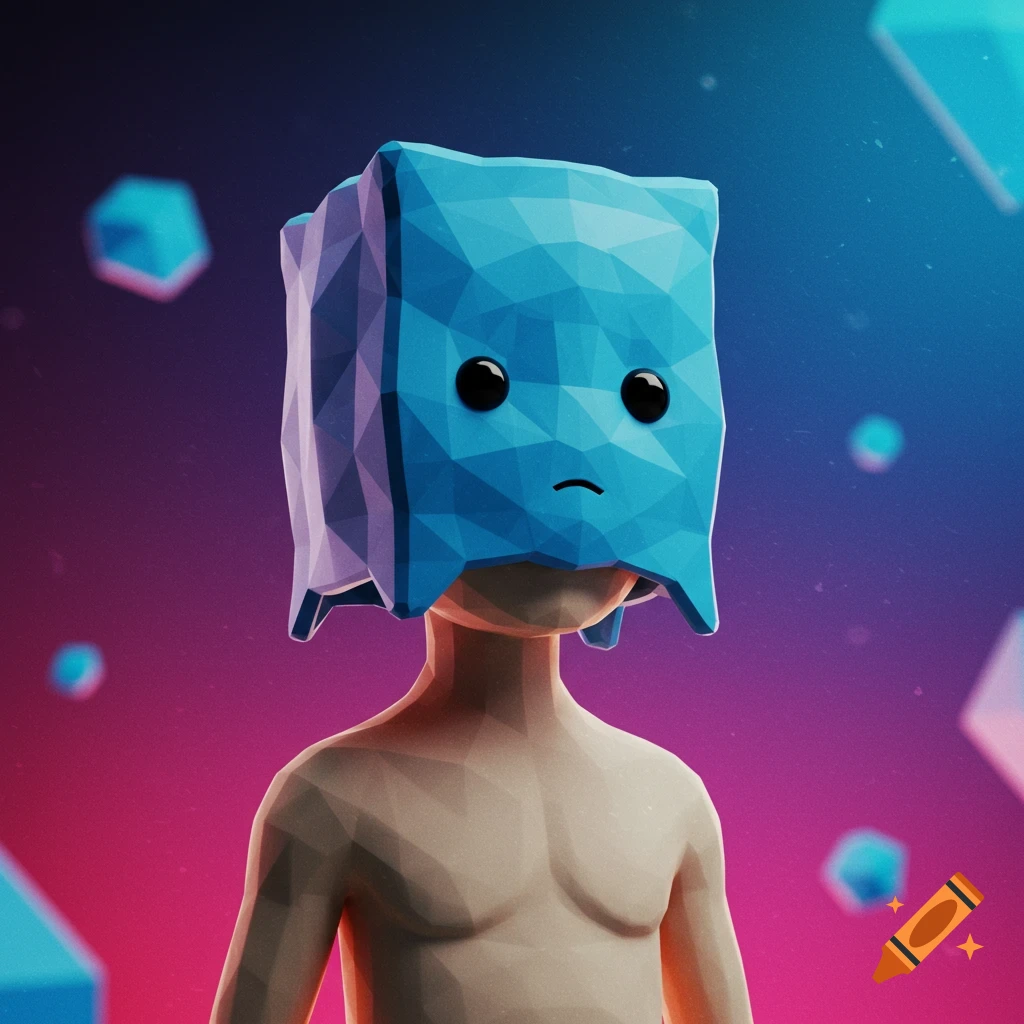 A low-poly humanoid figure with a blue geometric bag on its head against a purple and blue gradient background.