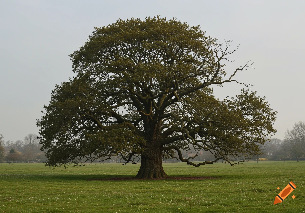 A large, ancient oak tree with broad branches stands prominently in a vast green field under an overcast sky.