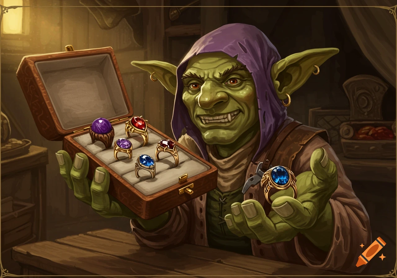 A green-skinned goblin merchant in a purple hood holds open a case of rings with one hand while presenting a blue-gemmed ring in the other.