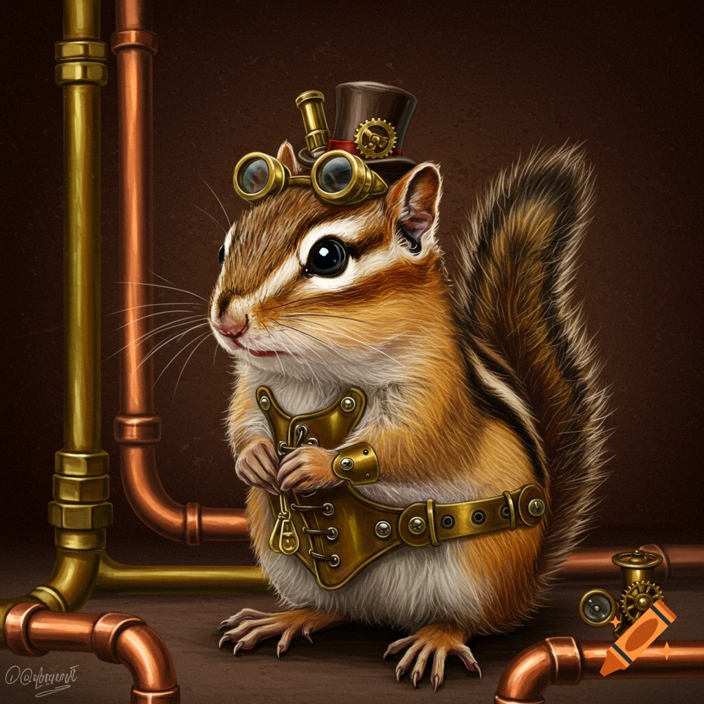A cute chipmunk wearing steampunk goggles and a top hat with gears, against a brown background with brass and copper pipes.