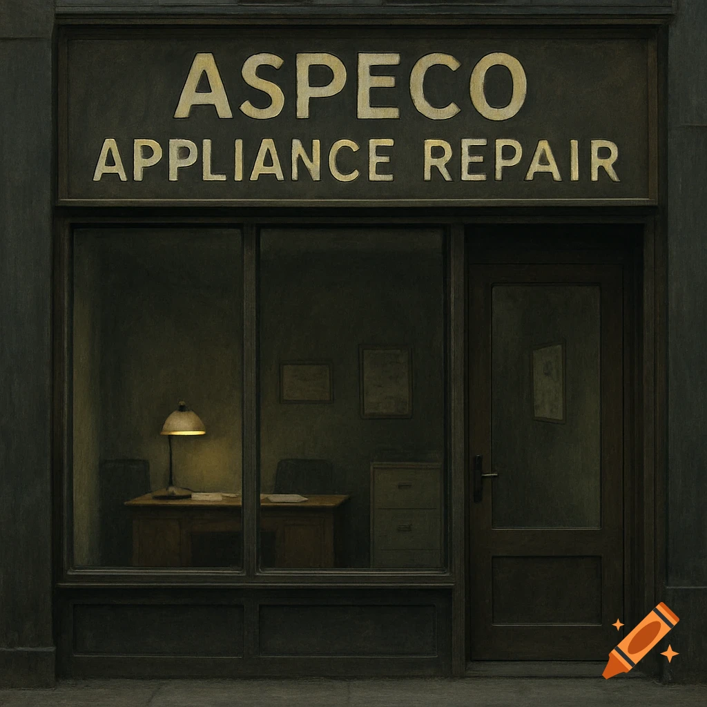 A vintage-style dark storefront for Aspeco Appliance Repair with a dimly lit office interior visible through the window.
