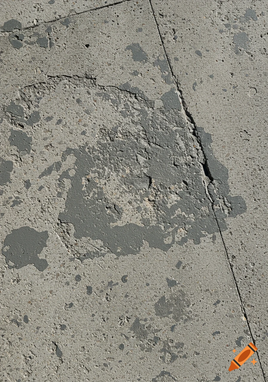 Close-up of worn concrete with darker grey patches and a prominent crack.