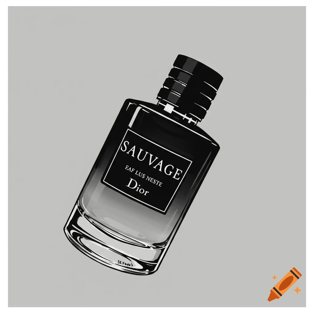 Stylized illustration of a black and clear Dior Sauvage perfume bottle tilted on a light gray background.