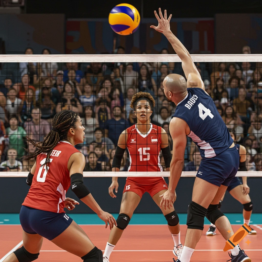 A photorealistic image of a volleyball game in progress with three players near the net. One player is spiking the ball.