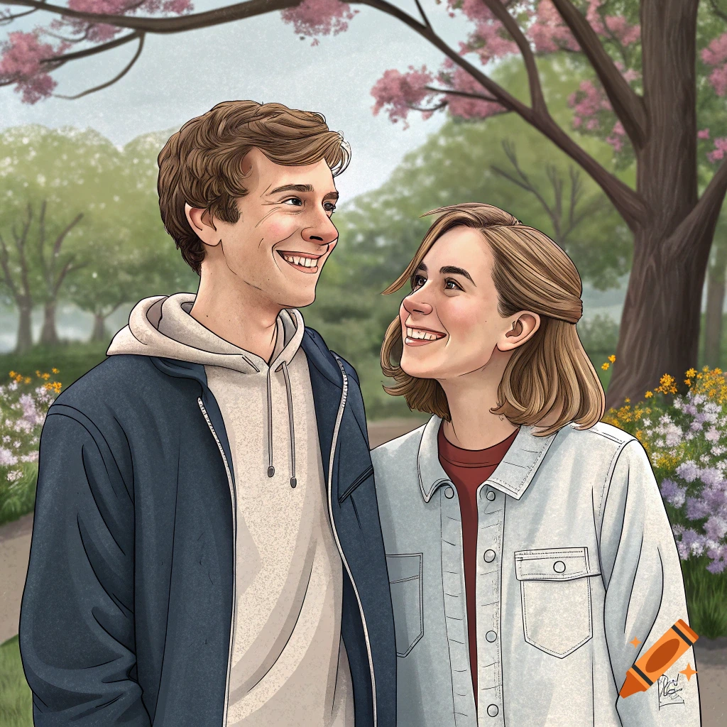 A smiling young man and woman look at each other in a park with blooming trees.