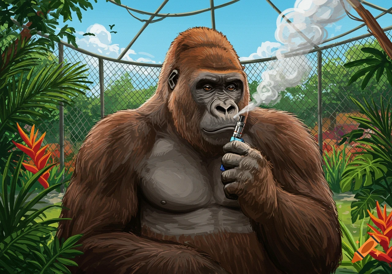 An illustration of a large brown gorilla hitting a vape, sitting in a zoo enclosure with green plants and a fence in the background.