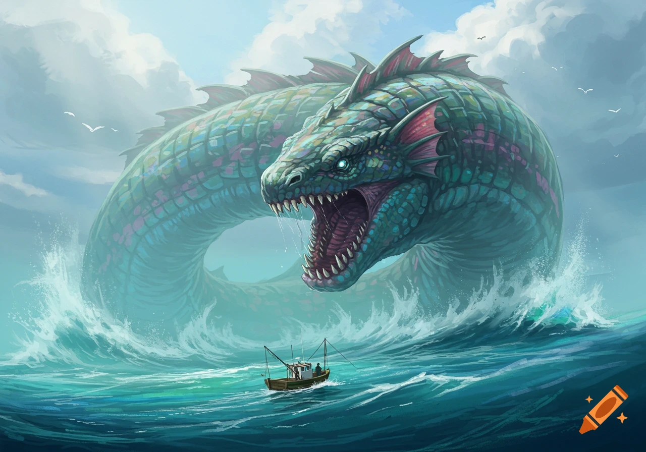 A colossal, teal-scaled sea monster with glowing eyes and gaping mouth rises from turbulent ocean waves, dwarfing a small fishing boat in a fantasy art style.