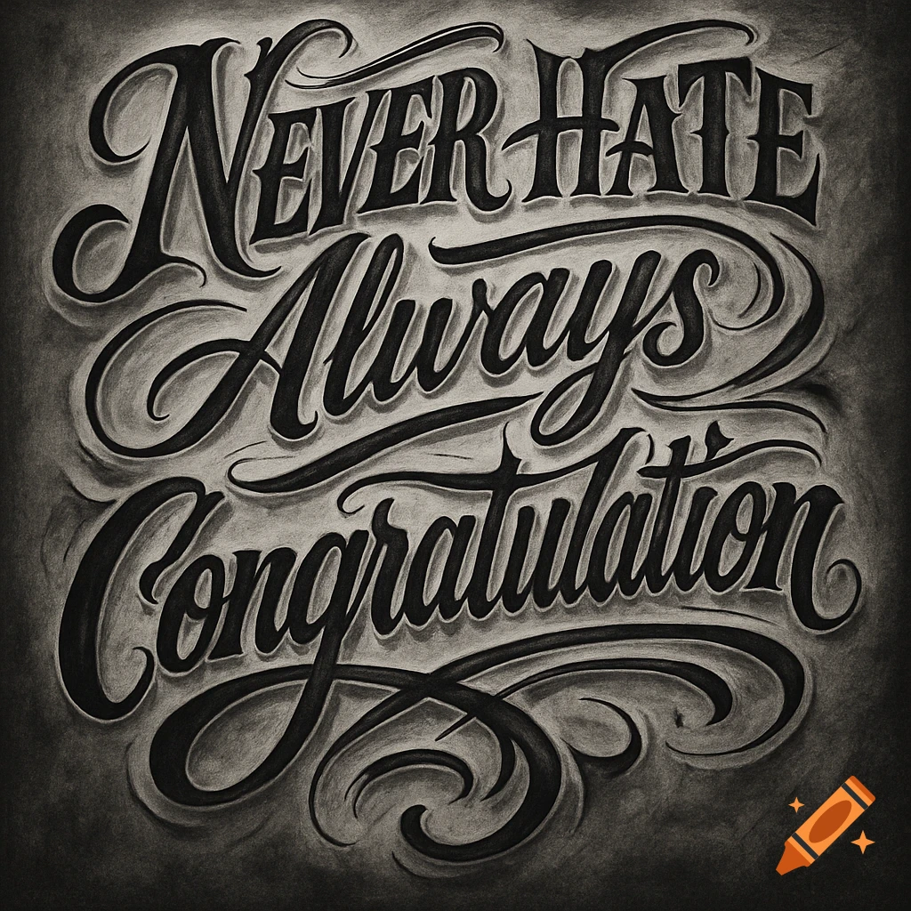 Black and white tattoo-style script reads 'Never Hate Always Congratulation' with ornate shading.