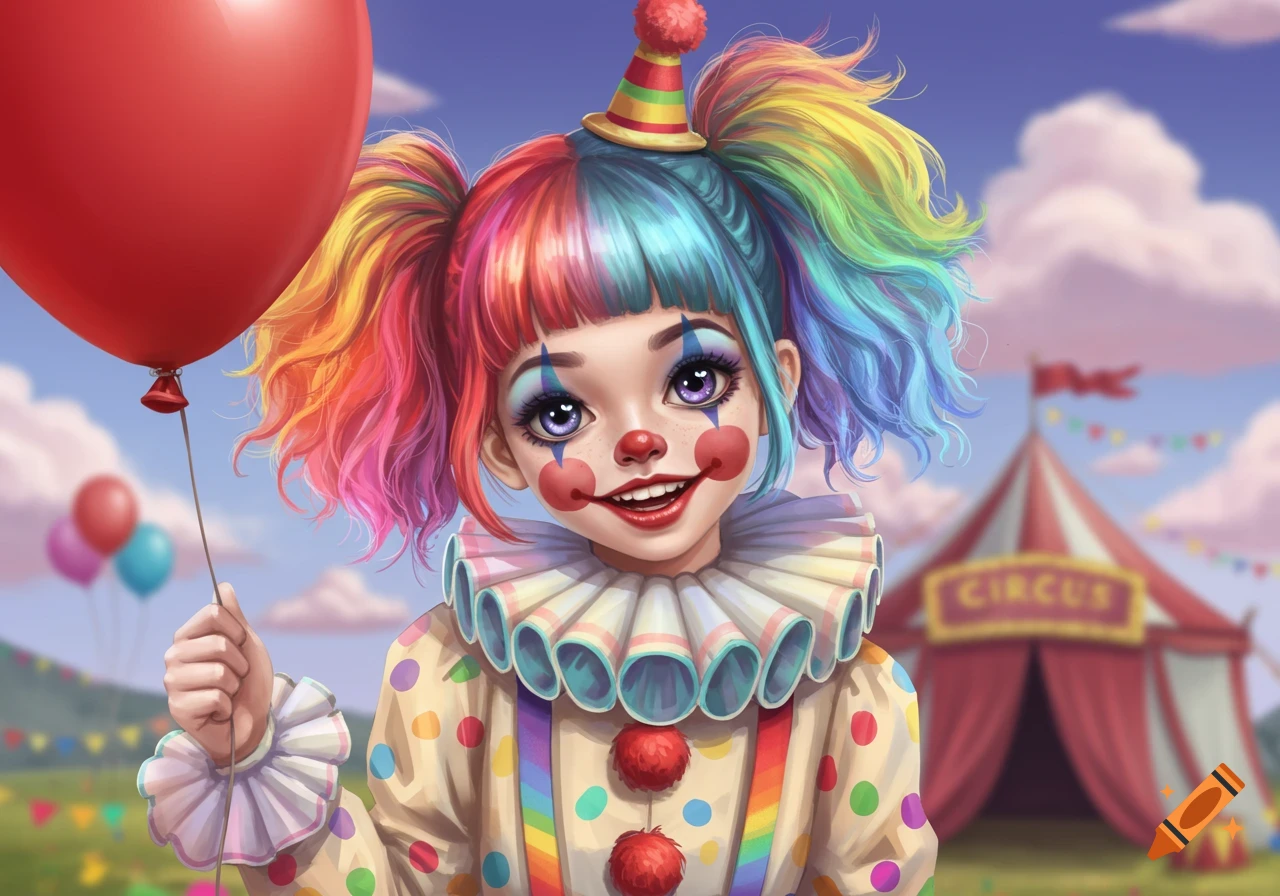 A vibrant, cartoon-style illustration of a smiling clown girl with rainbow hair and a polka dot costume, holding a red balloon in front of a circus tent.