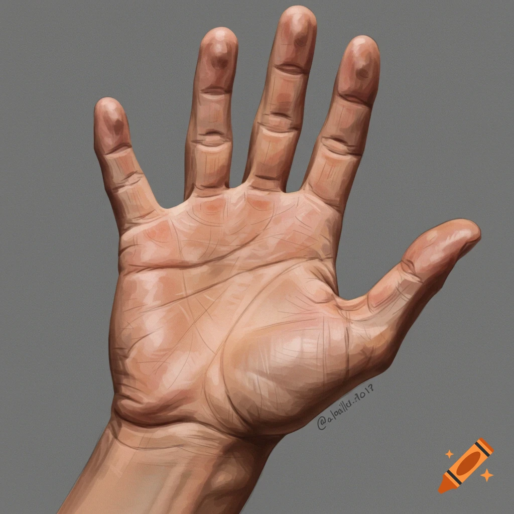 A detailed illustration of an open human palm against a plain gray background.