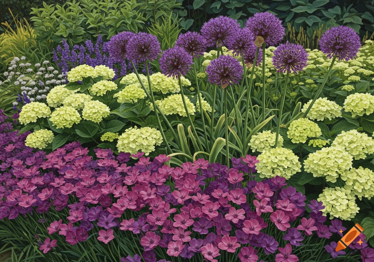 A vibrant flower bed features purple alliums, light green hydrangeas, and pink and purple groundcover flowers.