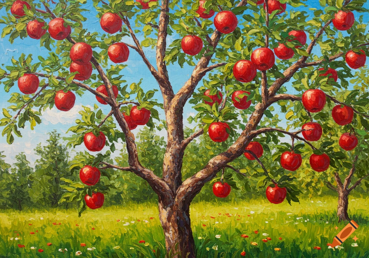 An oil painting of an apple tree with many ripe red apples in a green field under a clear blue sky.