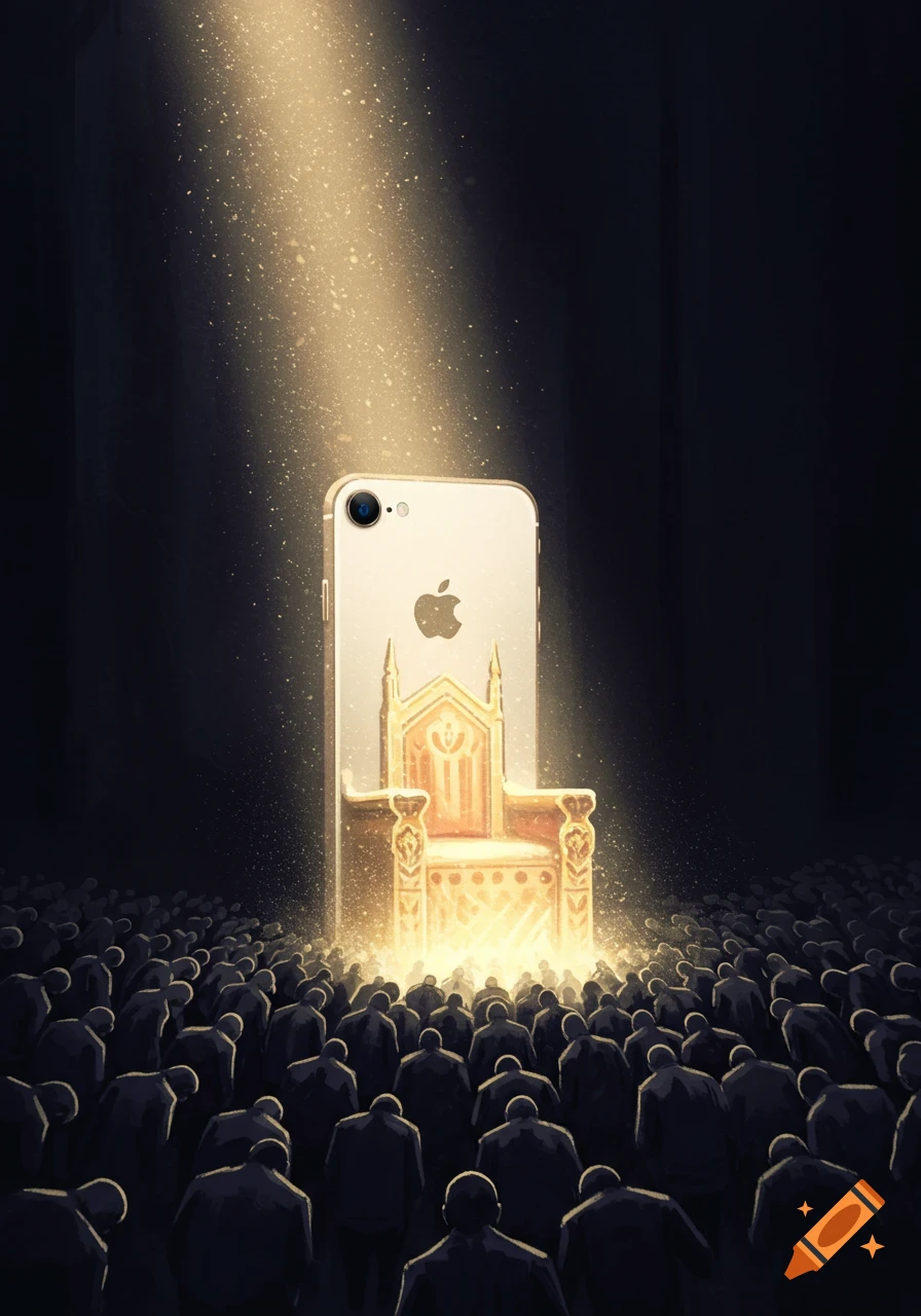 A golden iPhone sits on a majestic throne bathed in golden light, worshipped by a bowing crowd in a dark setting, in a digital art style.