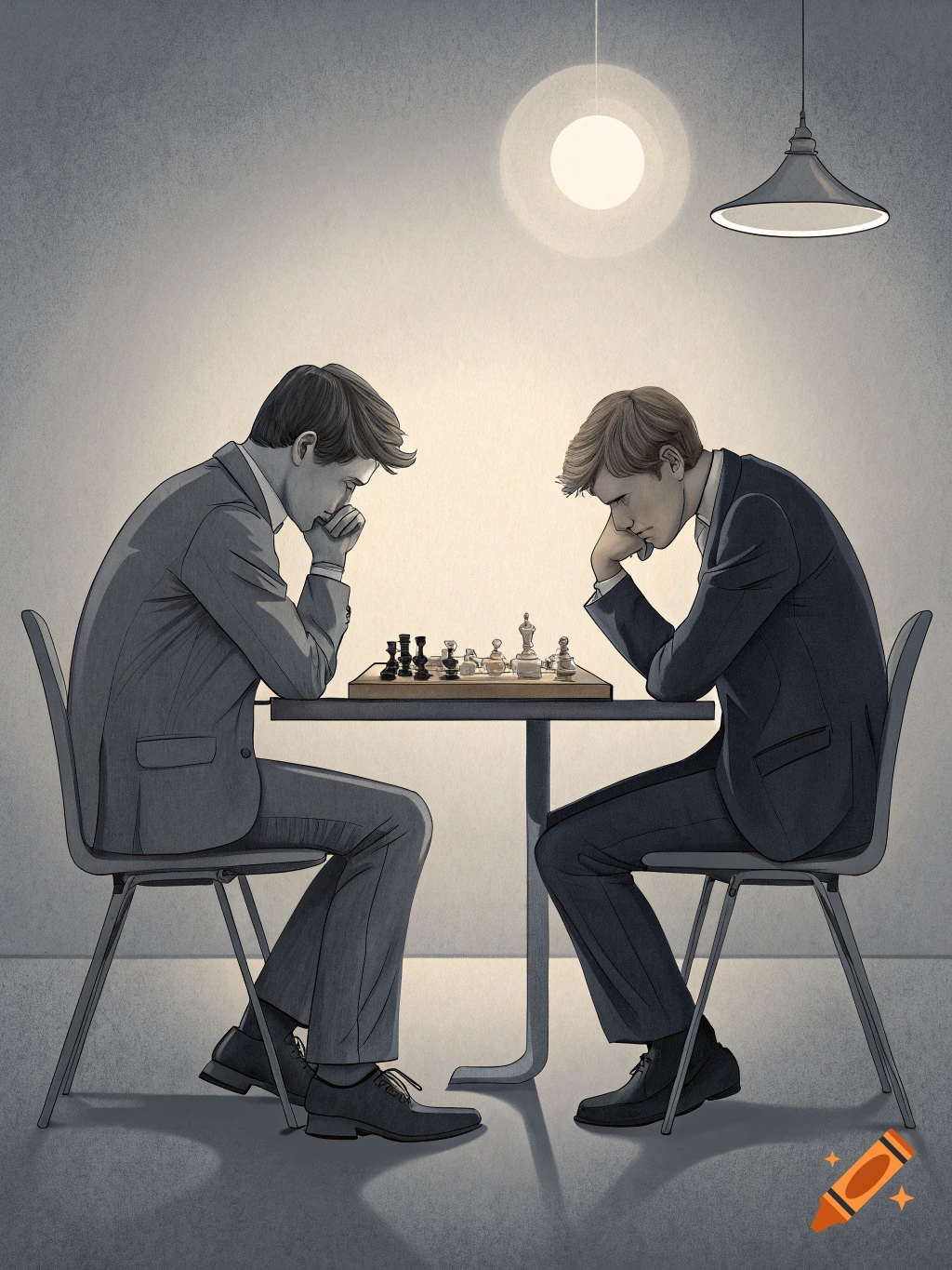Two men in suits deeply concentrating on a chess board under a single light source in a muted, illustrative style.